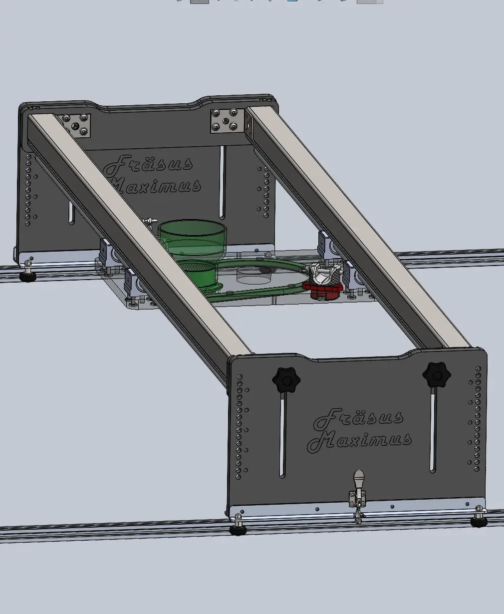 CAD-Gesamtansicht einer Planfräsvorrichtung zur Bearbeitung großformatiger Holzplatten
