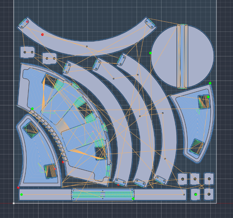 Toolpath simulation of a curved contour with milling paths for CNC machining